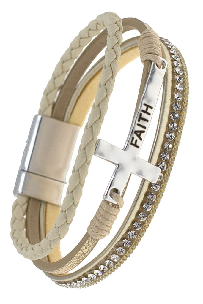 Faith Leather Strap Silver Magnetic Bracelet