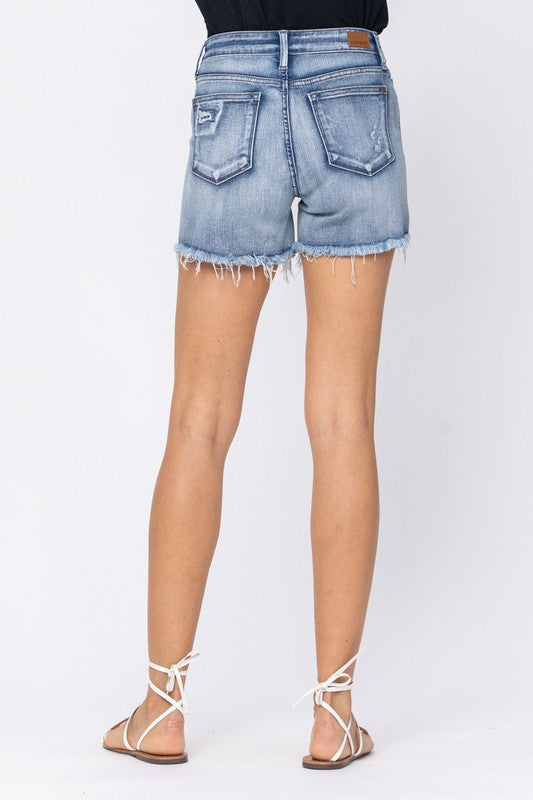 Judy Blue Mid-Rise Patch Wash-Out Cutoff Shorts