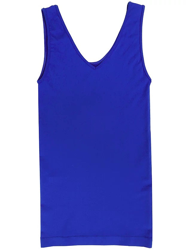 This photo shows the Reversible Tank top in royal blue.